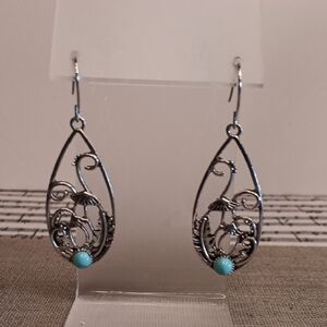 Silver Teardrop Filigree Mushroom Pierced Earrings with Turquoise Sets